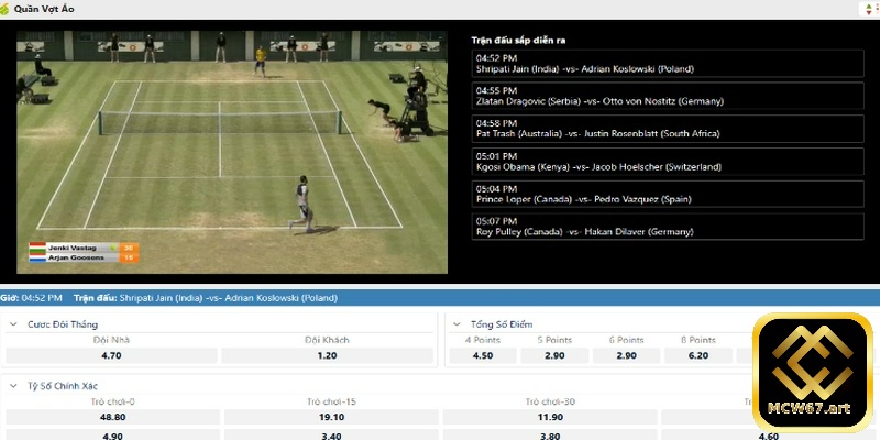 Thể thao ảo MCW67 - Cơ hội giải trí kiếm thưởng đã tay 3 Quần vợt ảo cung cấp nhiều kèo cược thú vị cho bet thủ lựa chọn